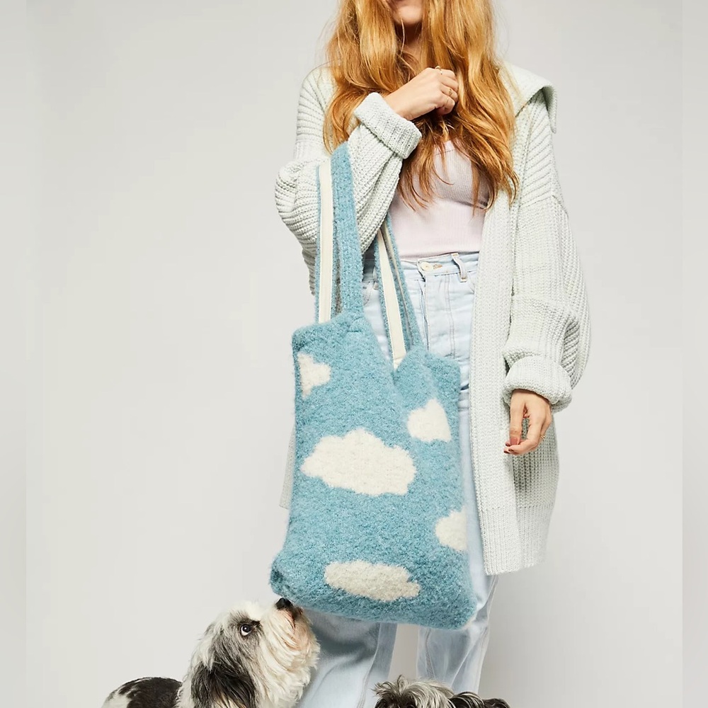 NWOT Free People Sky High Teal Blue Clouds Fuzzy Carry On Tote Bag